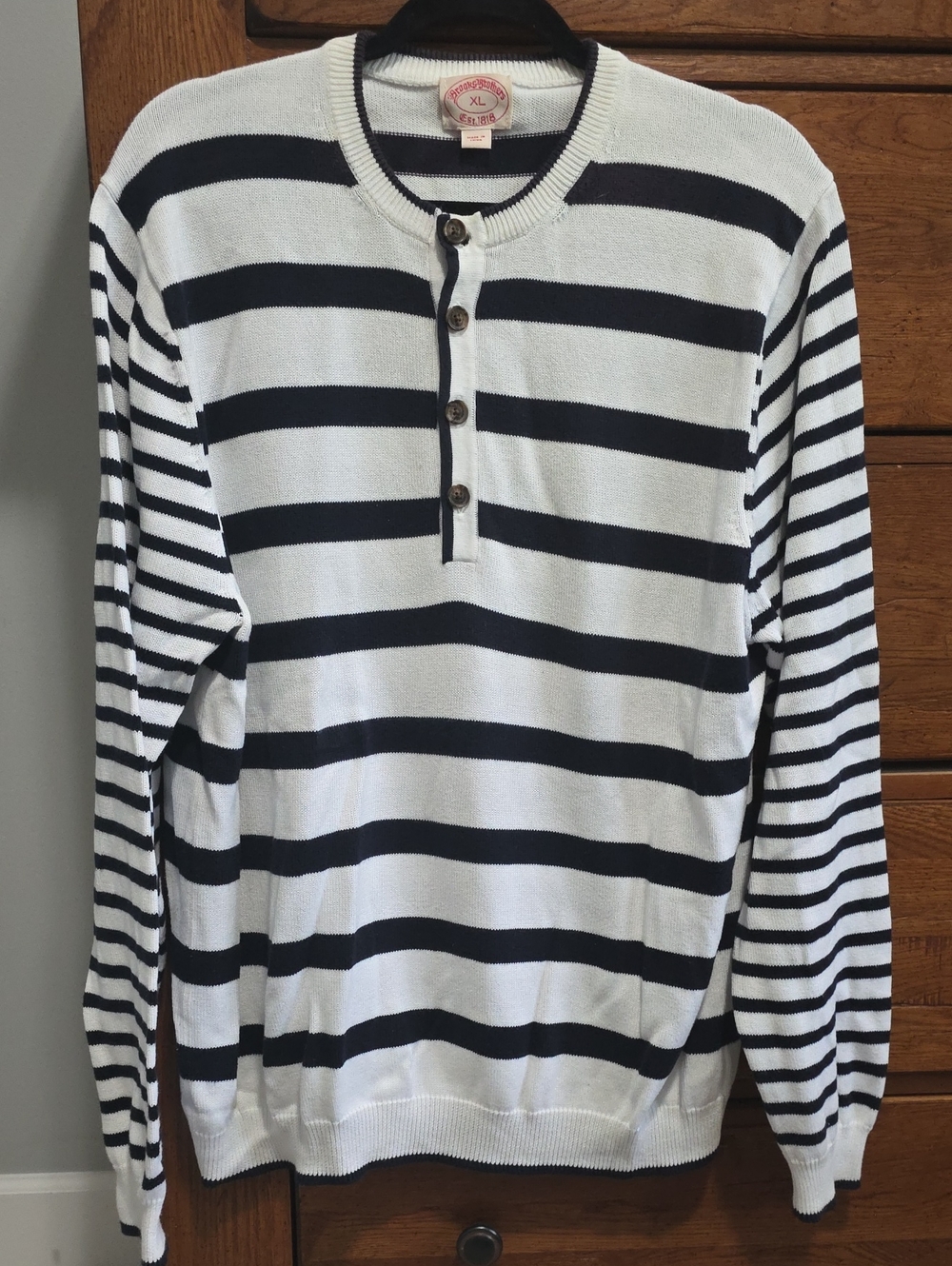 Brooks Brothers White and Black Striped Crewneck Henley Sweater